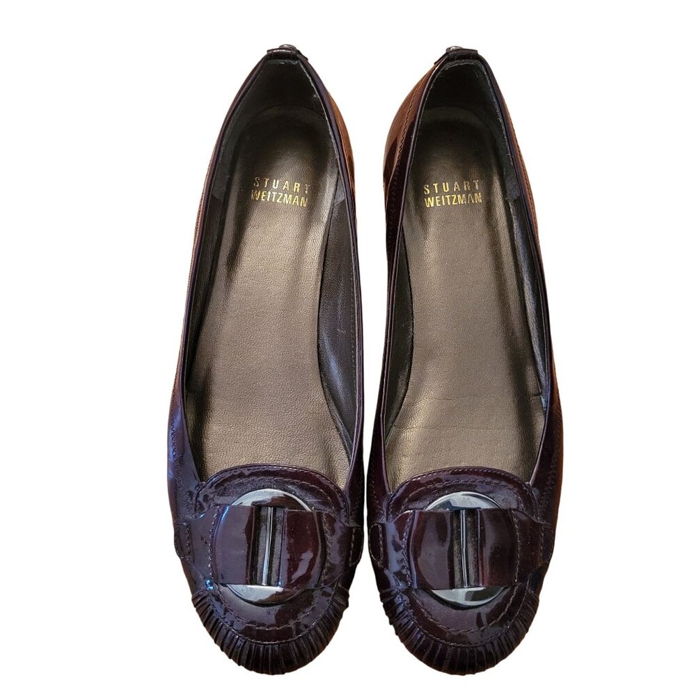 Stuart Weitzman Burgundy Patent Leather Flats With Buckle Detail‎